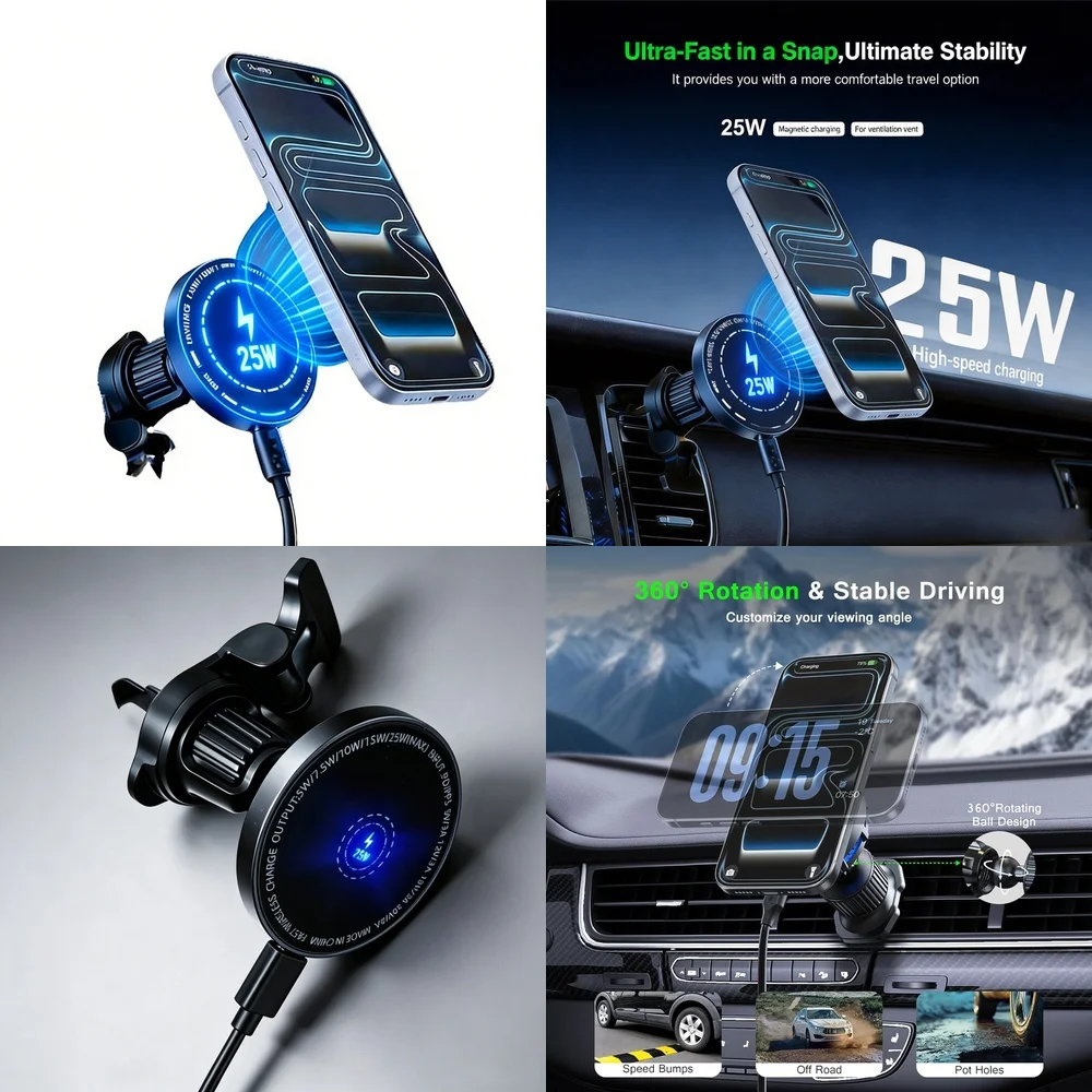 Magnetic Vent Car Wireless Charger 25W 360 Rotating Fast Charge Low Temperature Holder…