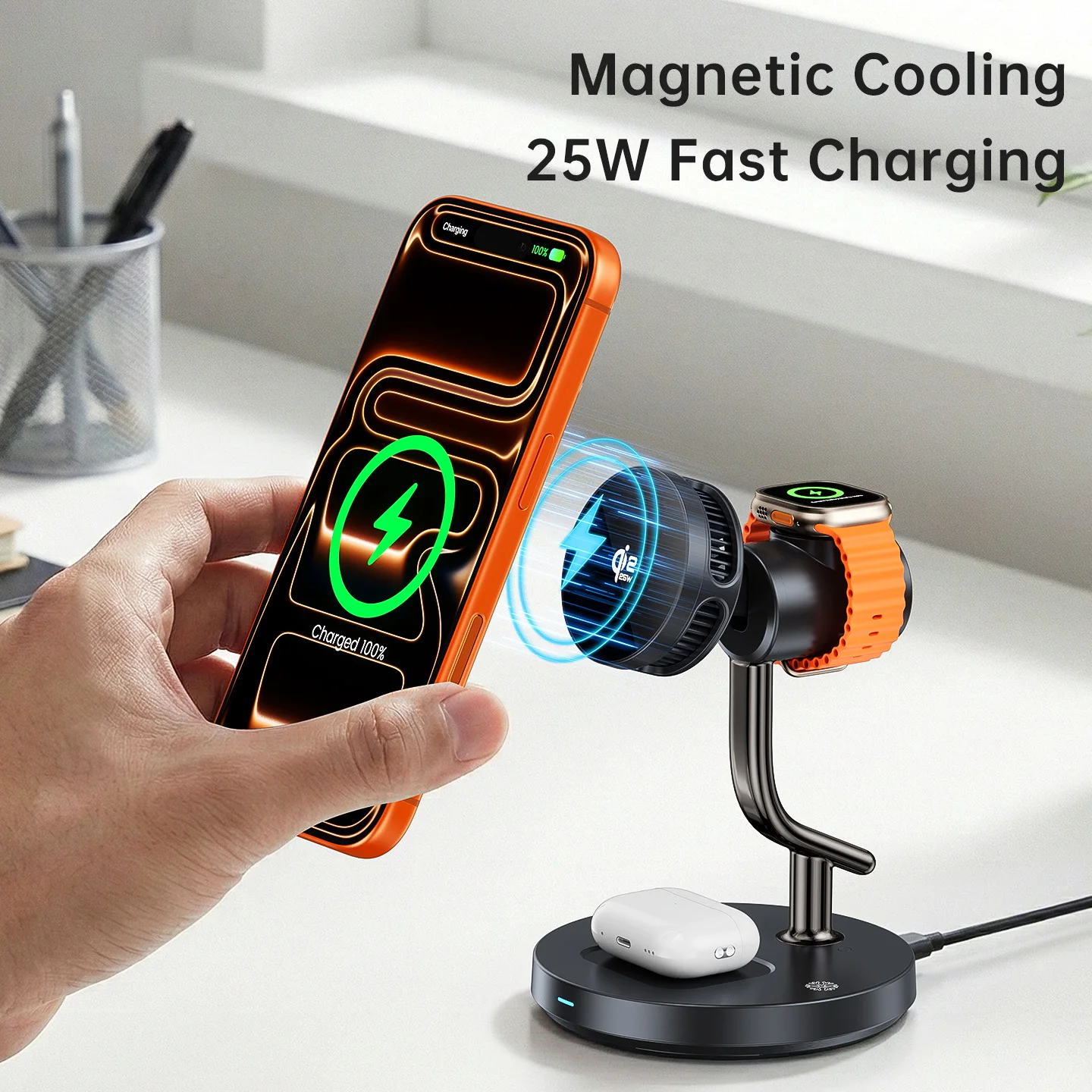 Qi2 25W TEC Cooling Fan Light Night Magnetic Wireless Charger Stand for iPhone 17 Pro Max Samsung Apple Watch 2-8 SE Airpods Pro