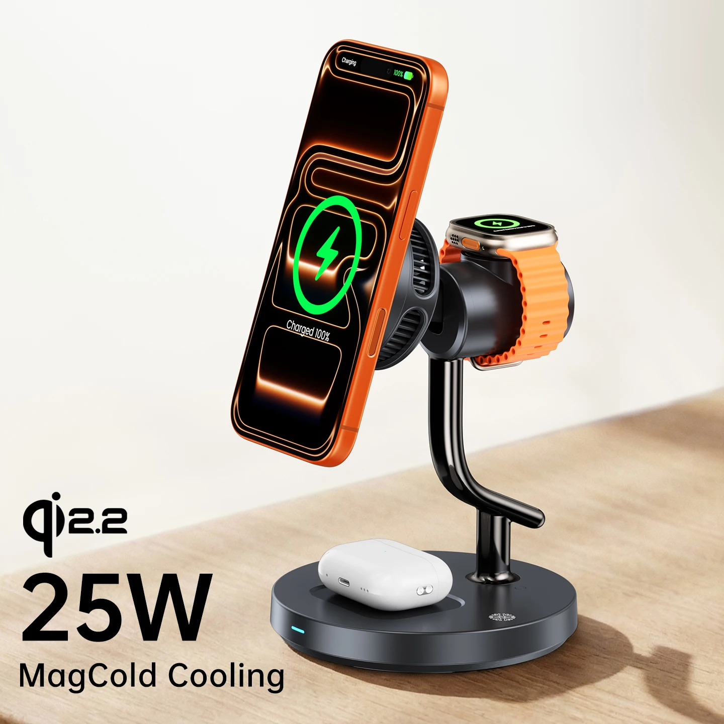 MagCold Qi2.2 25W Magnetic Wireless Charger Stand for iPhone Galaxy S25/S26 Fast Charging,Galaxy Watch AirPods Charging Station