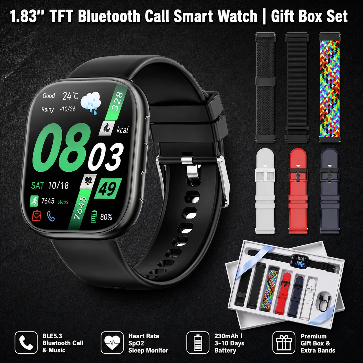 Smart Watch Bluetooth Call 1.83'' TFT Screen Gift Box Set IP67 Fitness Tracker Heart Rate…