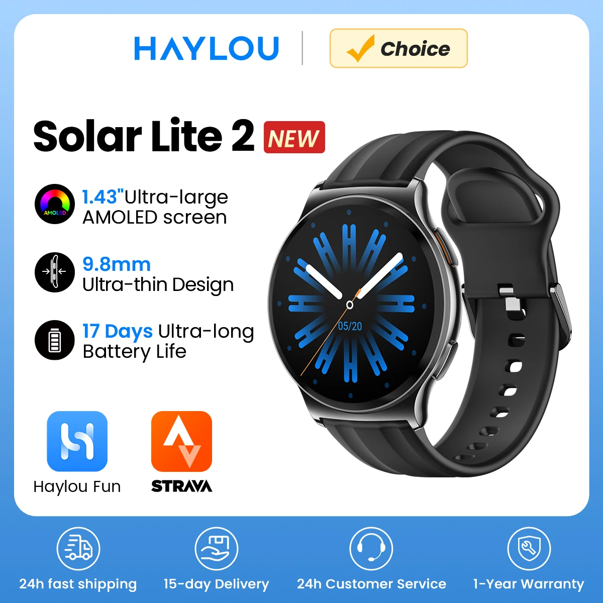 HAYLOU Solar Lite 2 Smartwatch 1.43'' AMOLED Display 24h Health Monitoring 150+ Sports…