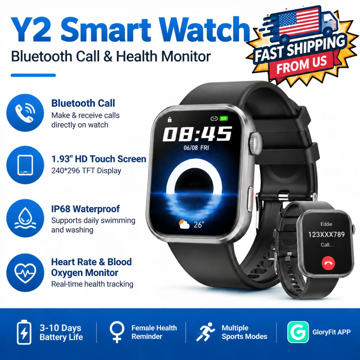Y2 Smart Watch Bluetooth Call 1.93" HD Touch Screen IP68 Waterproof Heart Rate Blood…