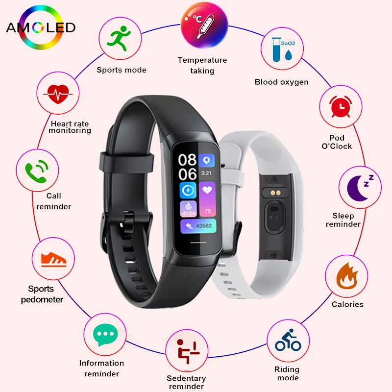LIGE 1.1 Inch Amoled Heart Rate Monitor Smart Bracelet Wristband Slim Smart Watch Men Women Waterproof  Fitness Tracker Band