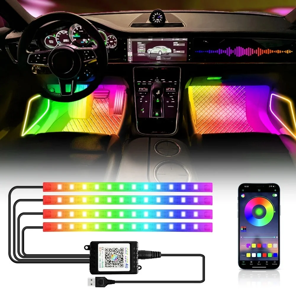 72 48 36 LED Neon Led Car Lights Strip RGB Foot Ambient Light with USB Cigarette…