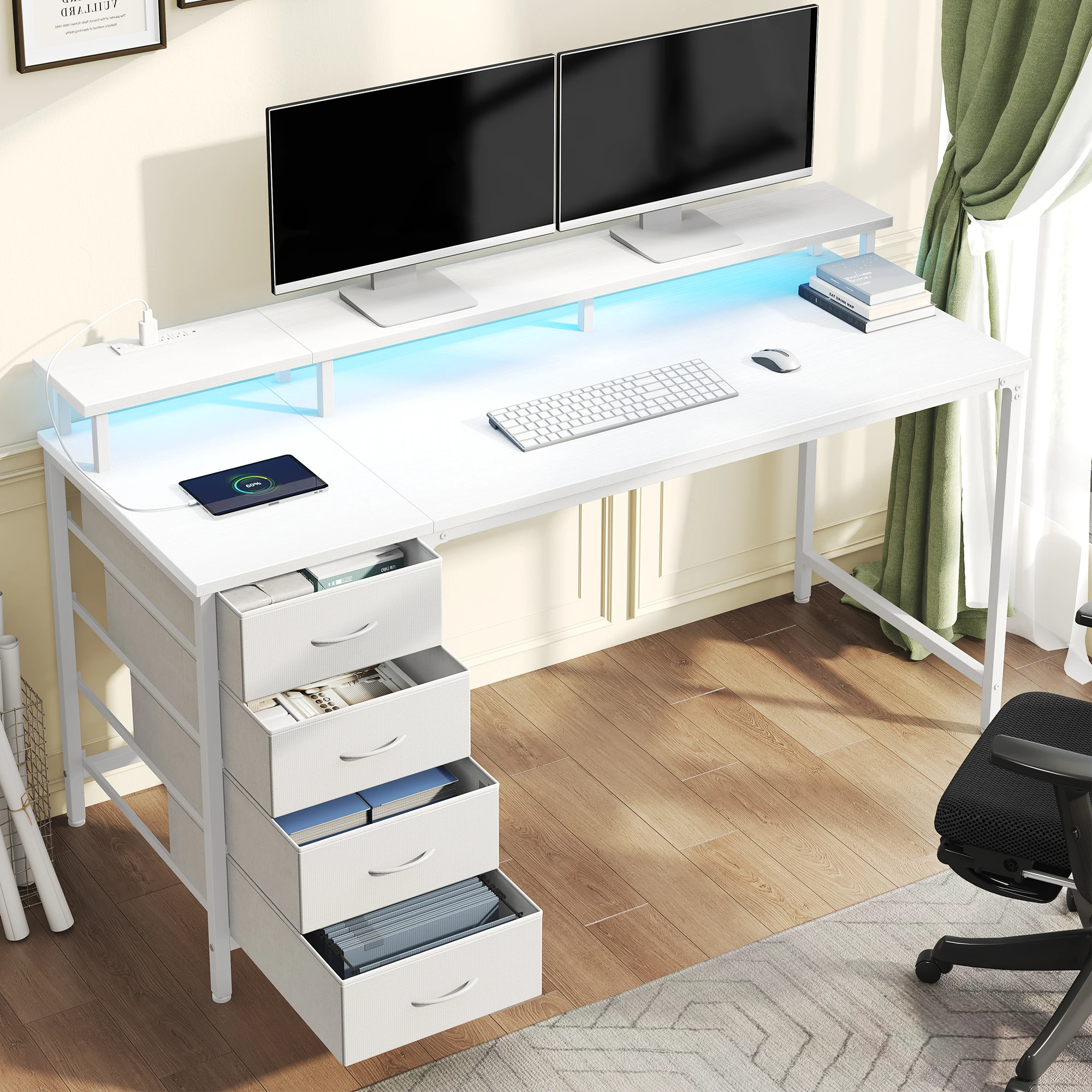 JHK 40In to 47In Gaming Computer Desk with 4 Storage Drawers Wood Office Desks with Power…