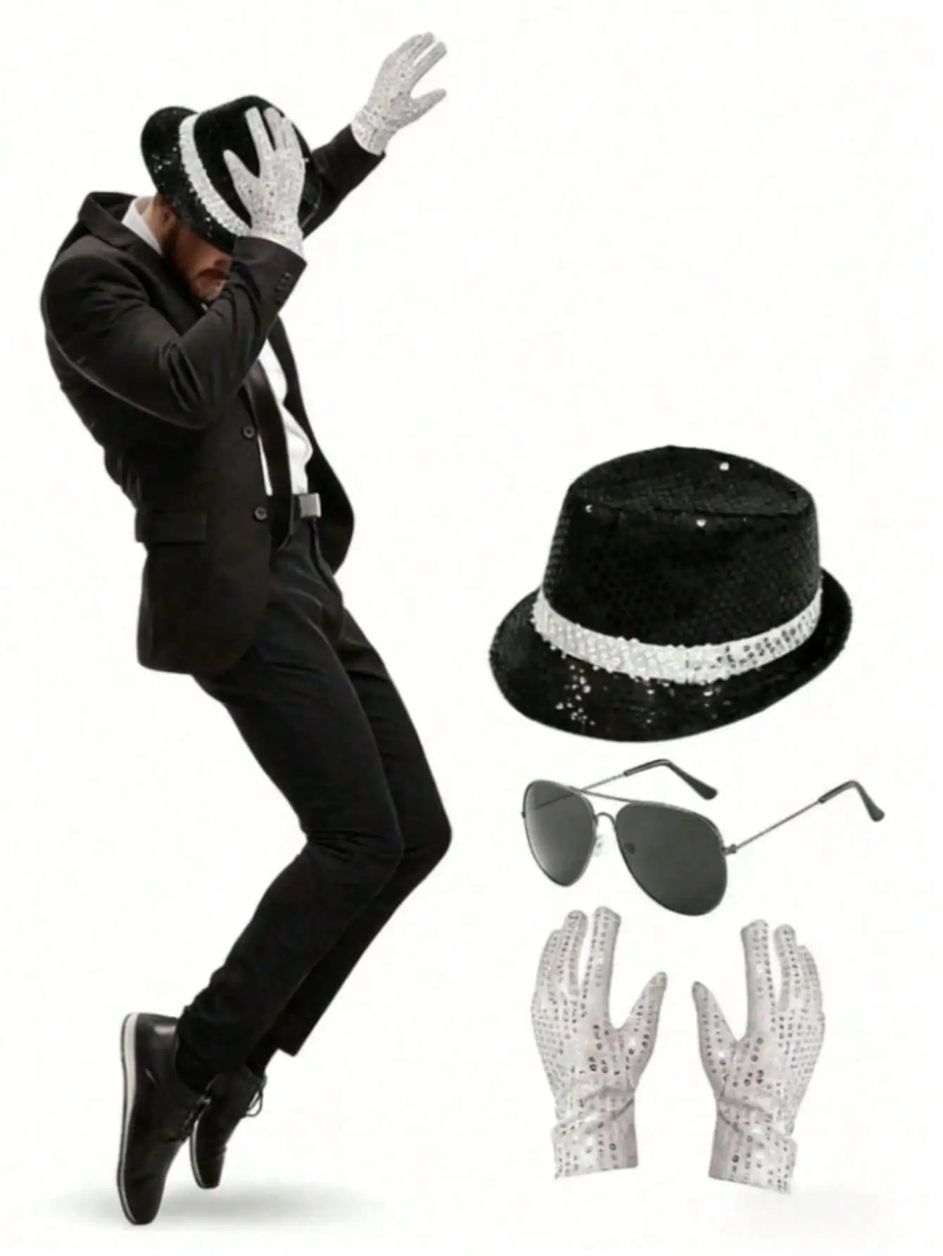 Michael Jackson Costume Accessories Set - Sequin Fedora Hat + Rhinestone Gloves + Aviator…
