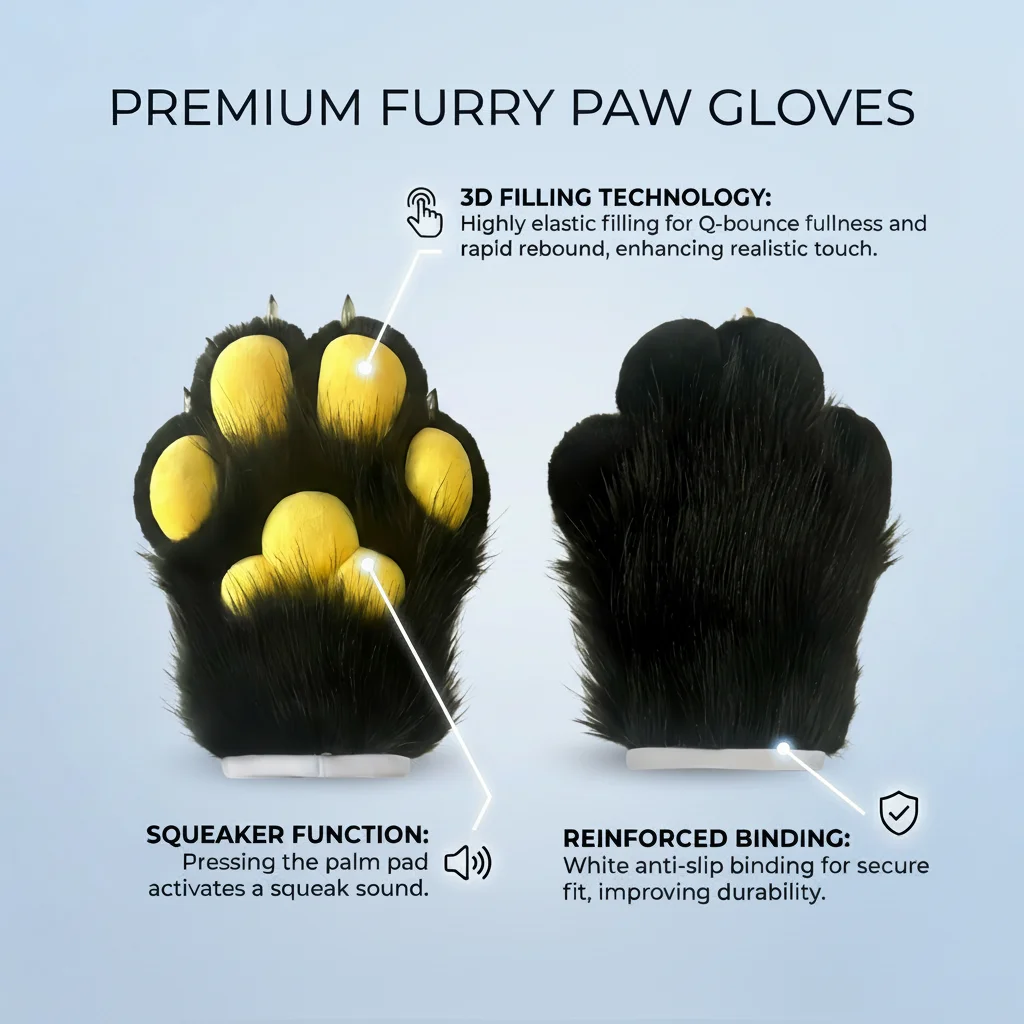 Realistic Fursuit Paws Gloves with Built-in Whistle Soft Plush Furry Claws for Furry…