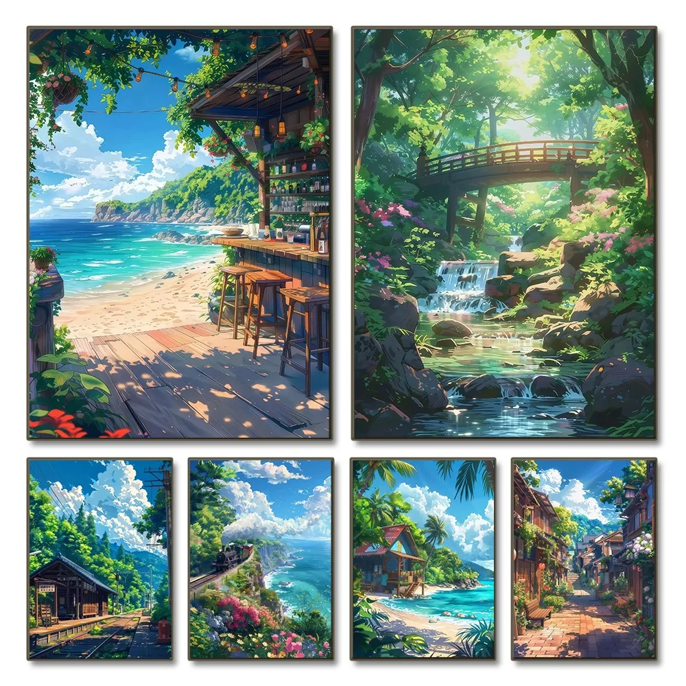 Sea Summer Landscape Bar Anime Wall Art Poster Blue Cabin Beach Forest Canvas Painting…