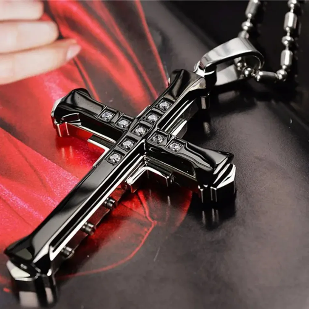 Male Crystal Cross Jesus Pendant Gold/Black/Blue Color Zirconia Cross Pendant Necklace…