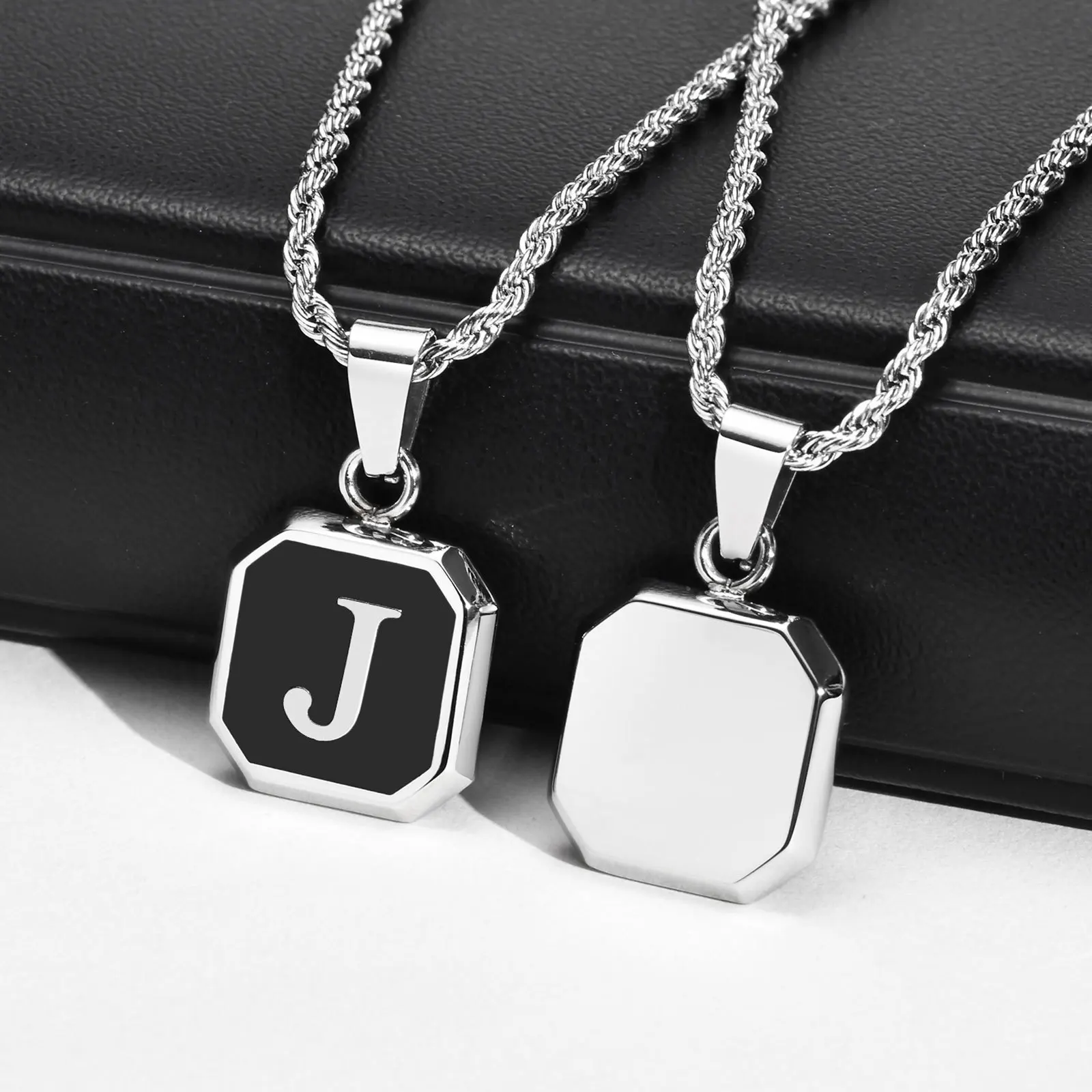 Initials Necklaces for Men Women,A-Z 26 Letters Black Square Stainless Steel Pendant…