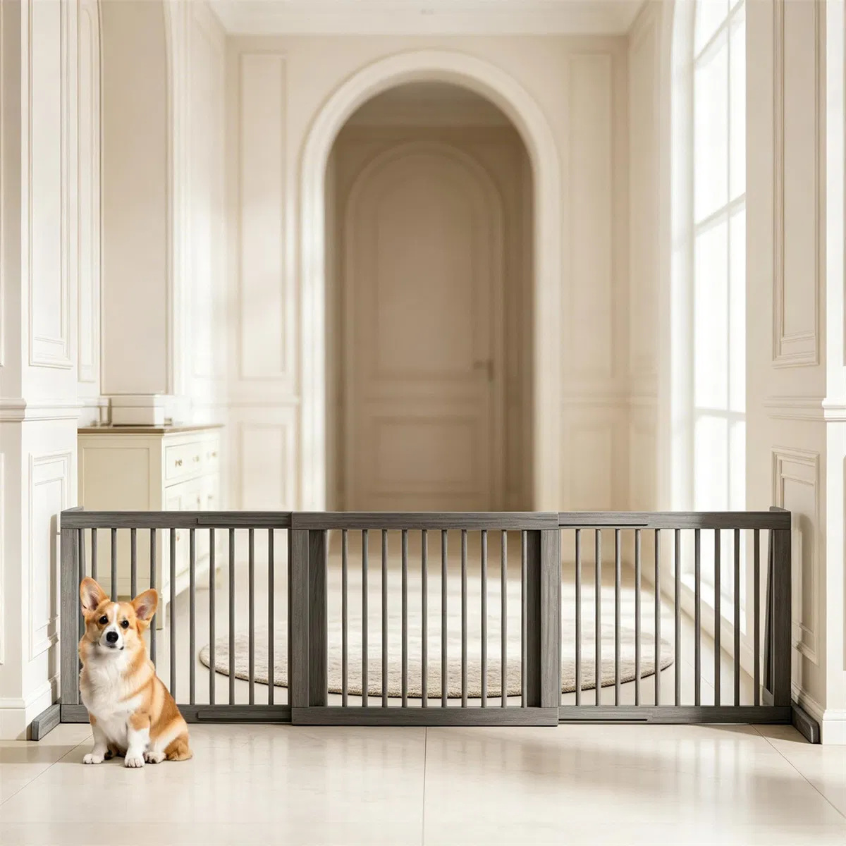 Adjustable Expandable Wooden Pet Gate 22 Inch Tall Freestanding Safety Fence, Gray Pine…