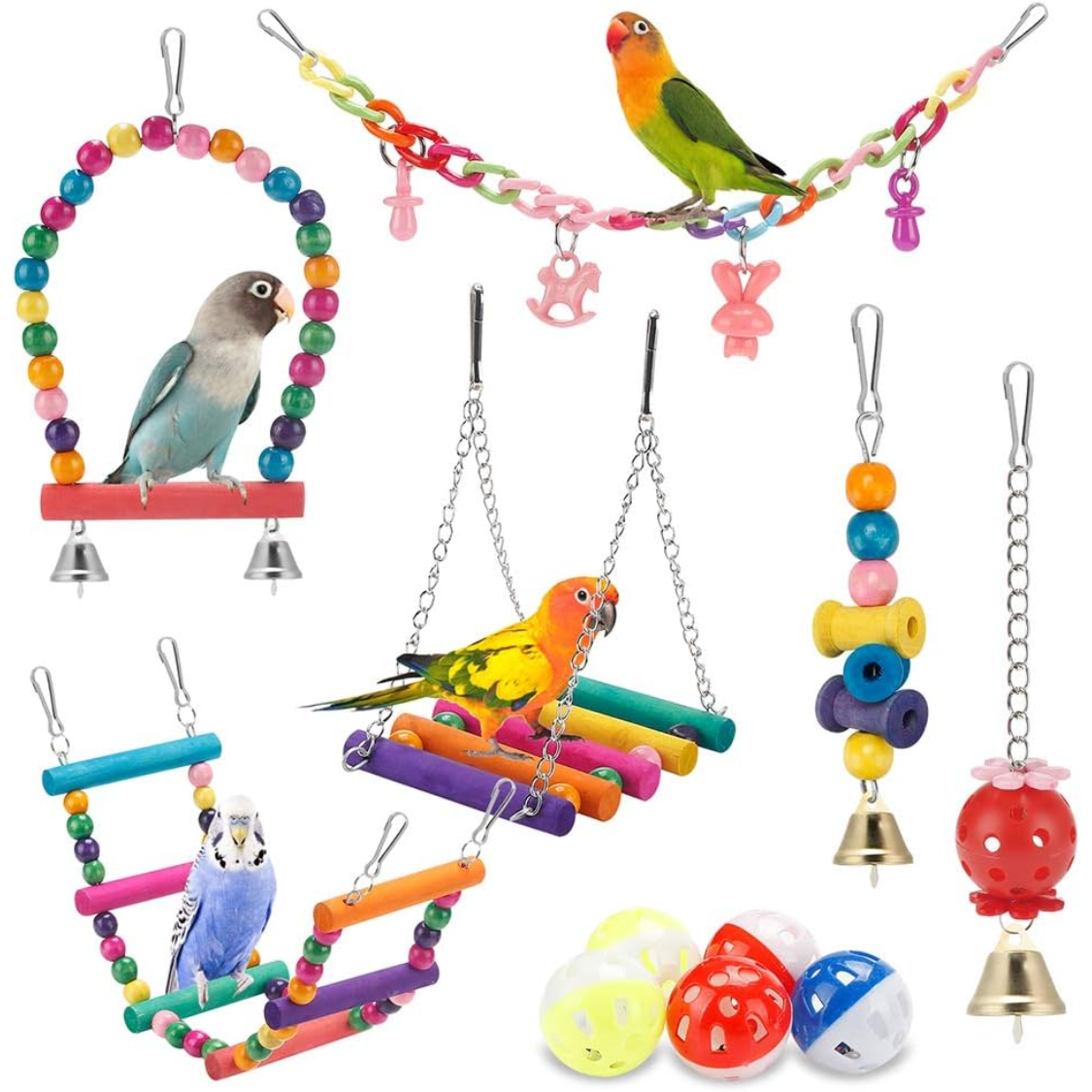 Bird Parakeet Toys Swing Hanging Standing Chewing Hammock Climbing Ladder Bird Cage…