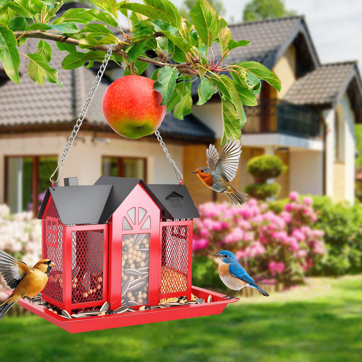 1-Pack Metal Hanging Bird Feeder House Classic Barn Bird Feeder House Iron Hanging…