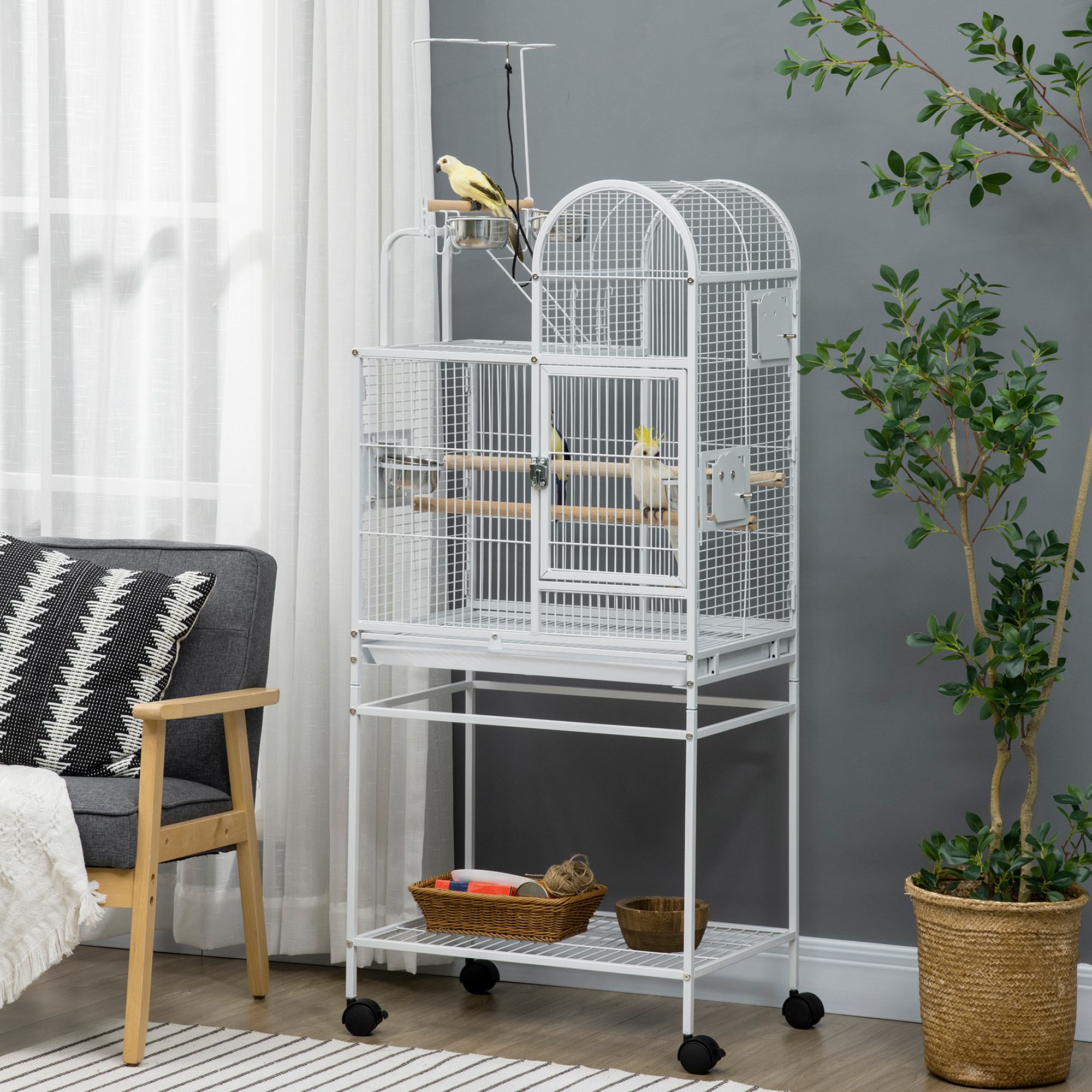55" Large Parrot Cage with Toy Hooks Above Top Bird Perch, Tray, Food Cups, Rolling…