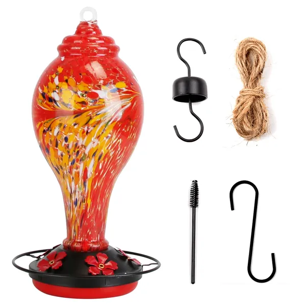 Glass Hummingbird Feeder 33OZ Hand Blown Hummingbird Feeder With 5 Flower Feeding Port…