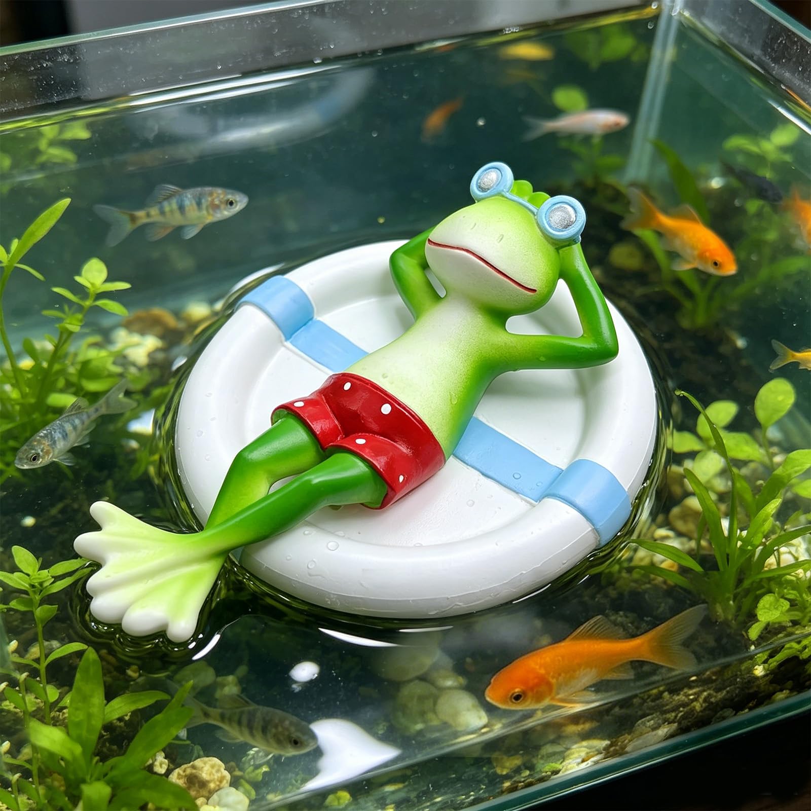 Floating Frog On Swim Ring Resin Aquarium Ornament, Fish Tank Decor, Water Surface…