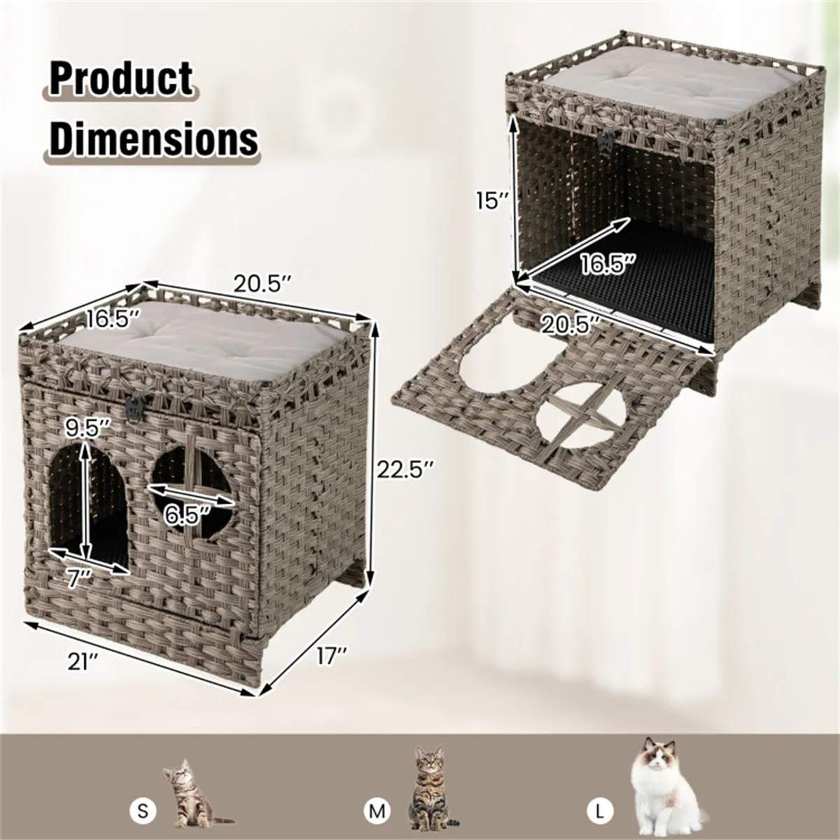 2-Tier Wicker Cat Condo with Litter Mat - Hidden Litter Box Enclosure, Detachable…