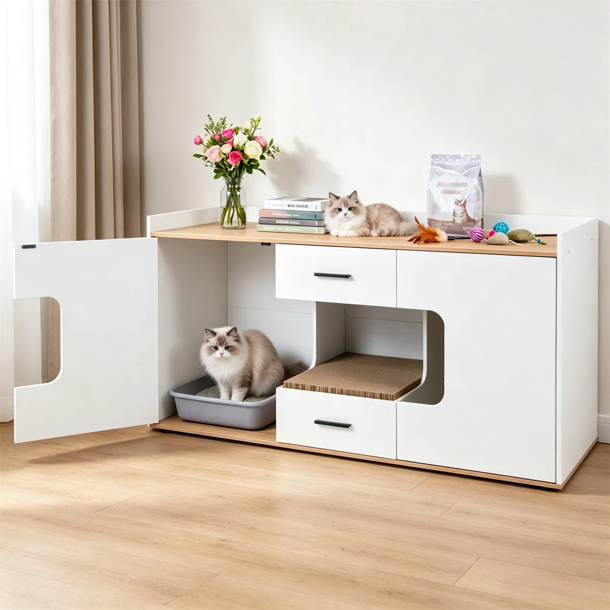 Large Cat Litter Box Enclosure Furniture with Storage Drawers & Built-In Scratching…