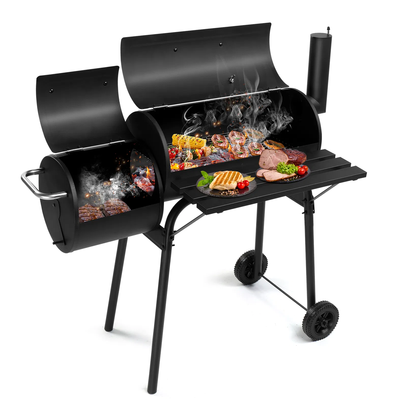Barrel Charcoal Grill with Offset Smoker, All Metal Outdoor Smoker with Side Table and…