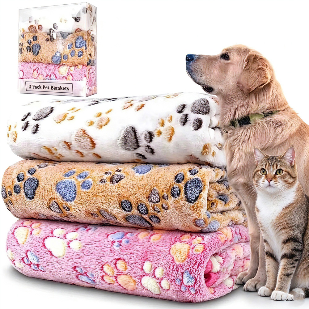 3 Pack Pet Blanket, Soft Plush Paw Print Dog Blanket Washable, Warm Fleece Cat Blanket…