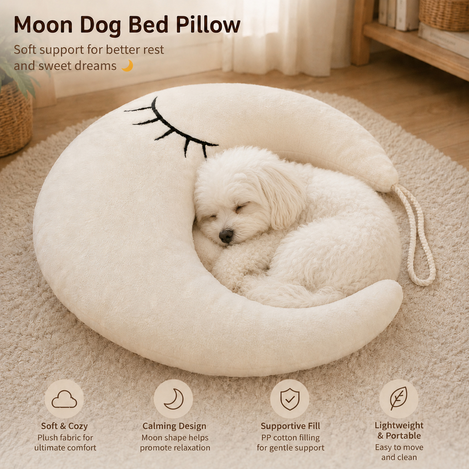 Moon Shaped Dog Bed Pillow Soft Skin Friendly Comfortably Supportive, With A Portable…