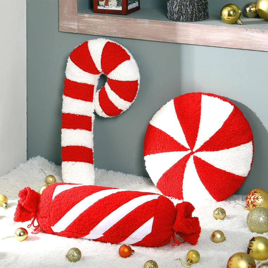 3-Pack Christmas Red Candy Shape Throw Pillows, Festive Holiday Decor