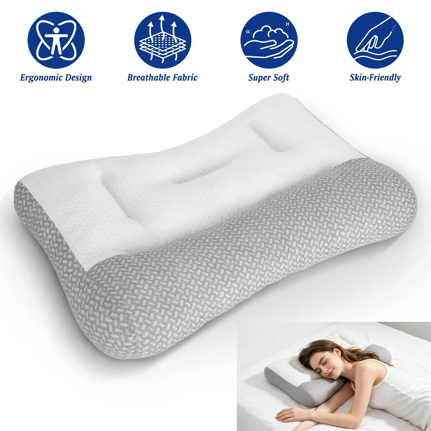 Ergonomic Bed Pillow Breathable Mesh Pillow for Neck Support Dual Height Design Down…