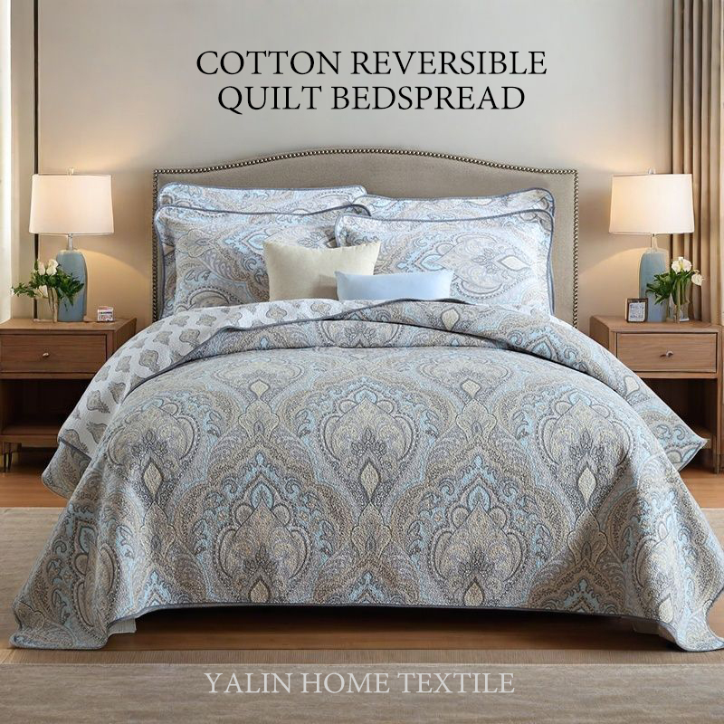 3x Dense Quilting Anti-Static Fade Proof Machine Washable All Season Lightweight Bedding 3-Piece Gray Blue Paisley Damask Quilted Bedspread Set Cotton Filled Reversible Coverlet Skin-Friendly Soft