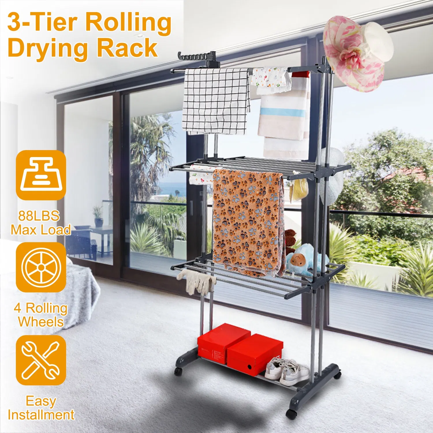 Clothes Drying Rack Rolling Collapsible Laundry Dryer Hanger Stand Rail Shelve Wardrobe…
