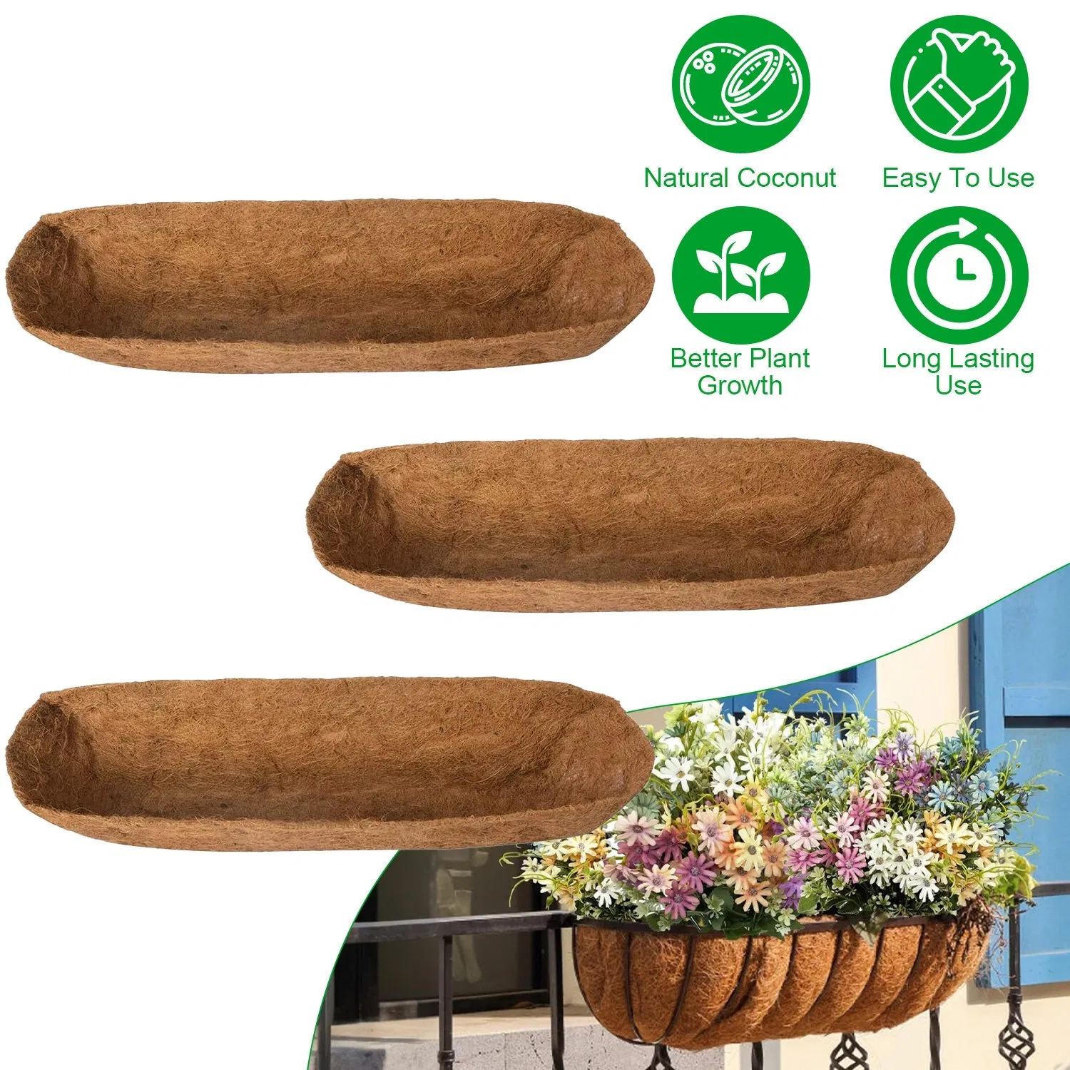 Coconut Fiber Window Box Liners, 24/30/36 Inch Trough Coco Liners for Wire Window…