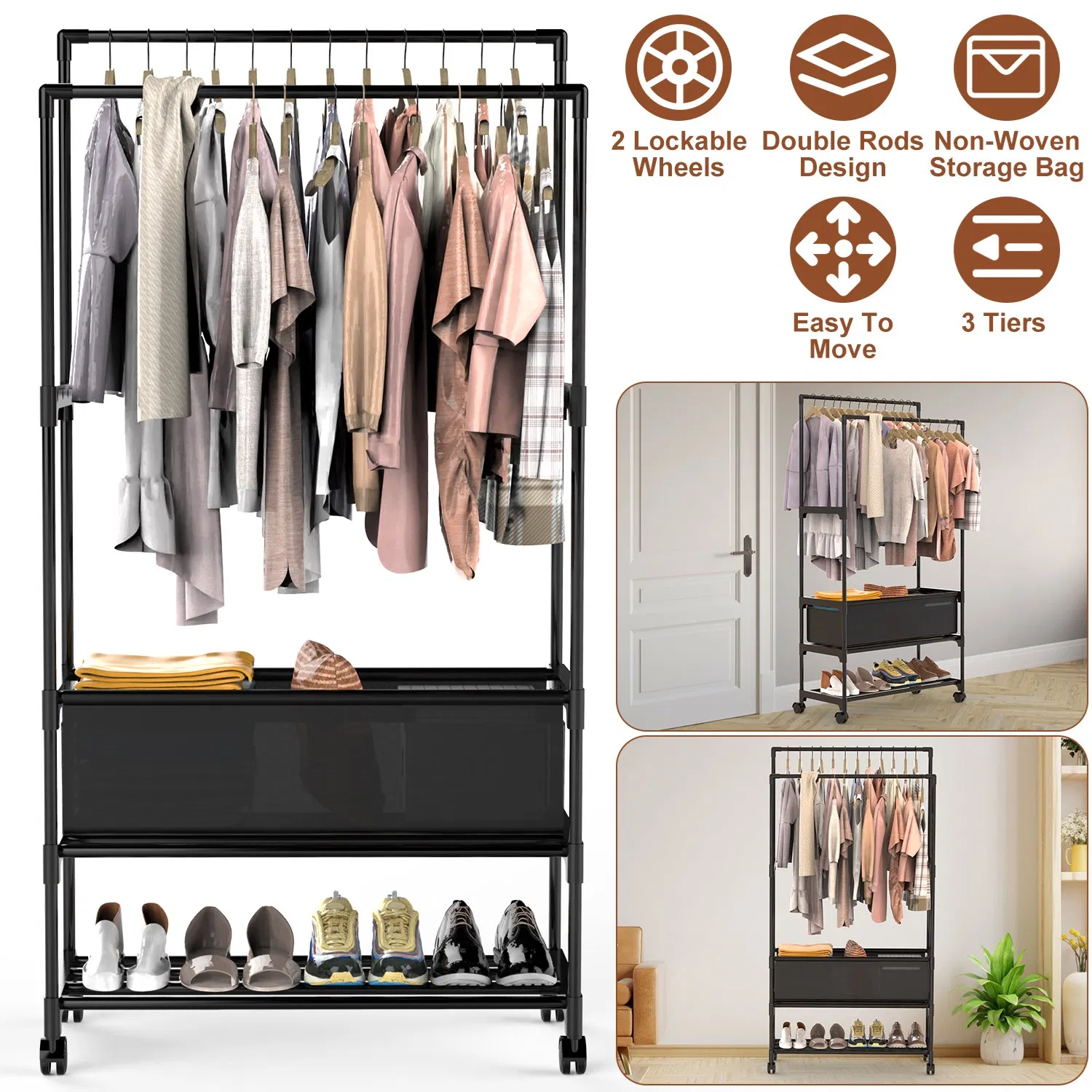 3 Tiered Portable Clothing Rack For Bedroom Entryway Double Hanging Rods Sturdy Iron…