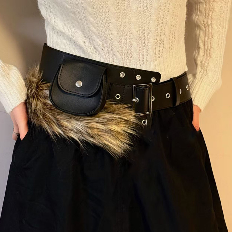 Womens Fluffy Patchwork Belt Accessory With A Lipstick Pouch