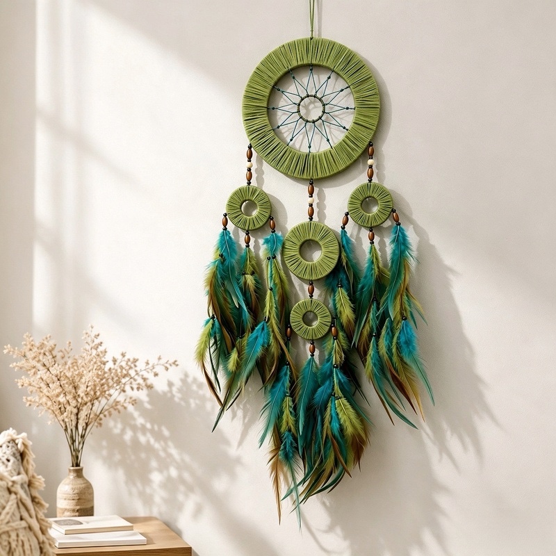 Forest Green Bohemian Five Ring Dreamcatcher - Feather Wall Hanging Decor for Home…
