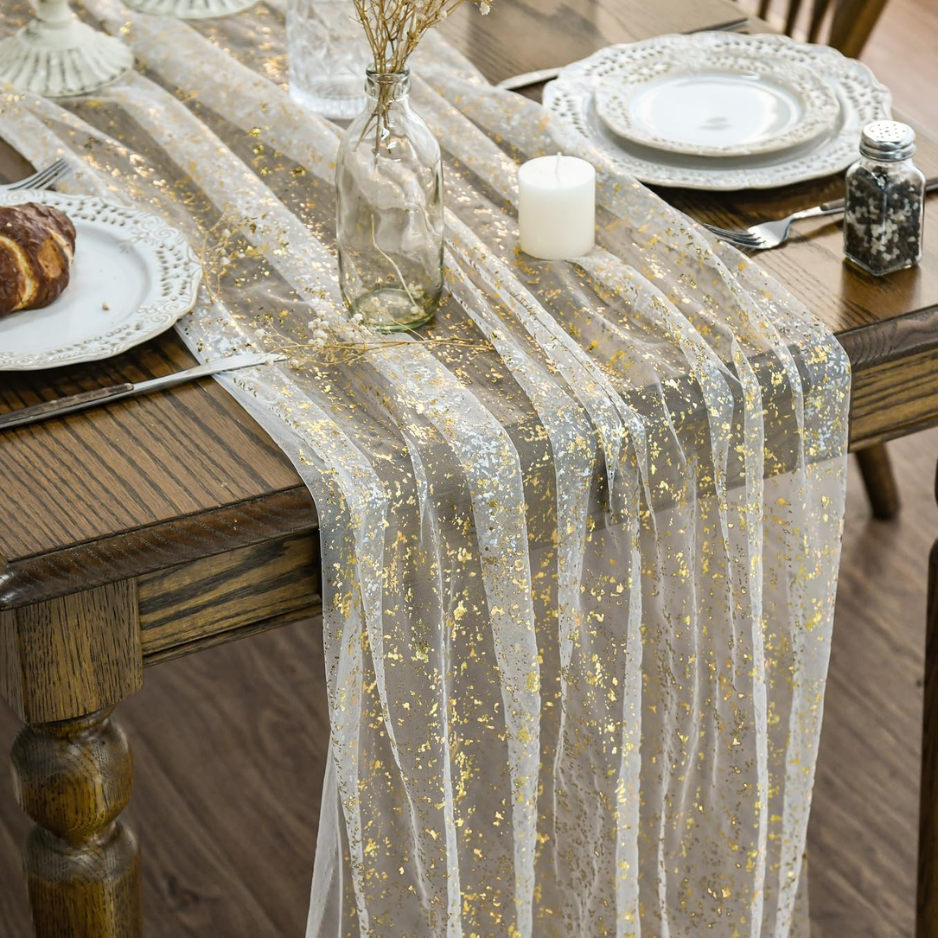 Gold Gauze Table Runner 120 Inch 10FT, Glitter Metallic Foil Sheer Dining Wedding…