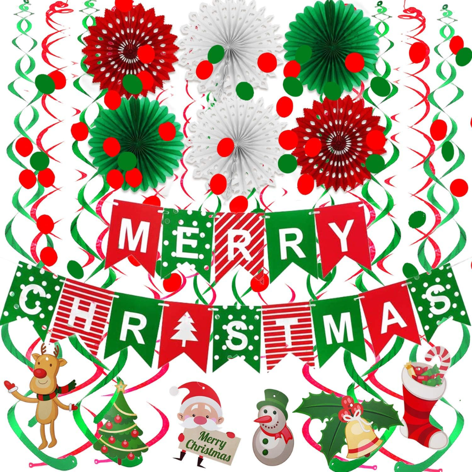 Merry Christmas Banner Paper Fan Flower Circle Confetti Dots Hanging Garlandand Swirl…