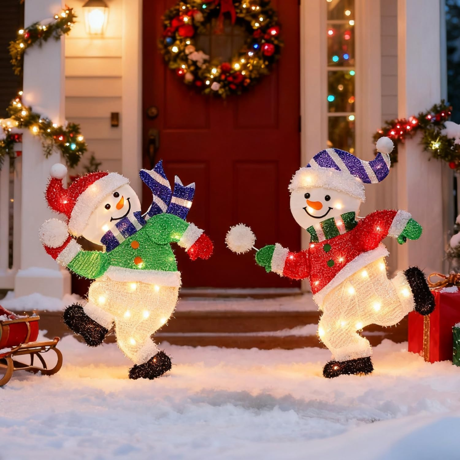Set Of 2 Lighted Snowmen Christmas Decorations, Pre Lit 2D Tinsel Cute Snowman Snowball…