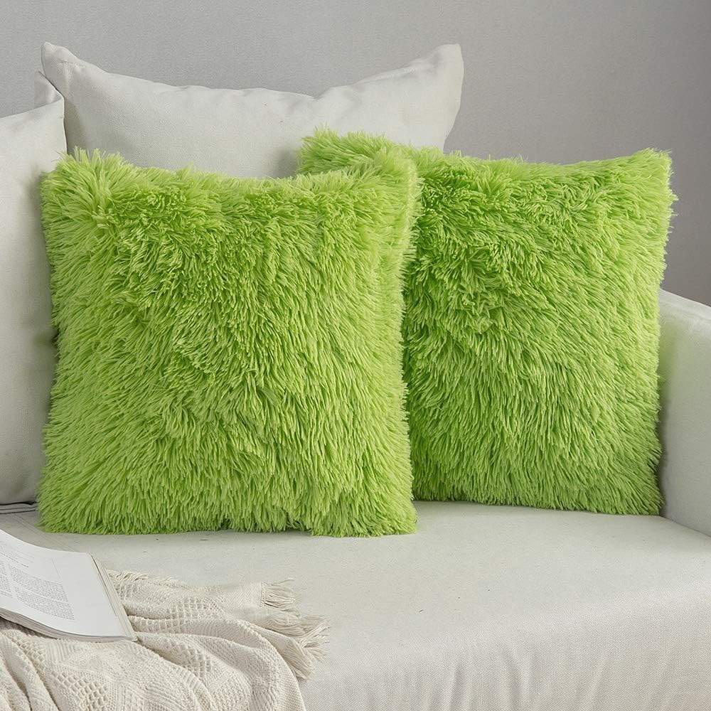 Green Faux Fur Throw Pillow Covers 2 Units, 18x18 Inch Plush Decorative Cushion Cases For…