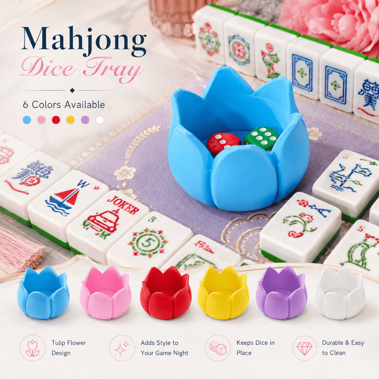 Tulip Flower Mahjong Dice Tray, 3D Printed Dice Holder For Mahjong Game Night, Decorative…