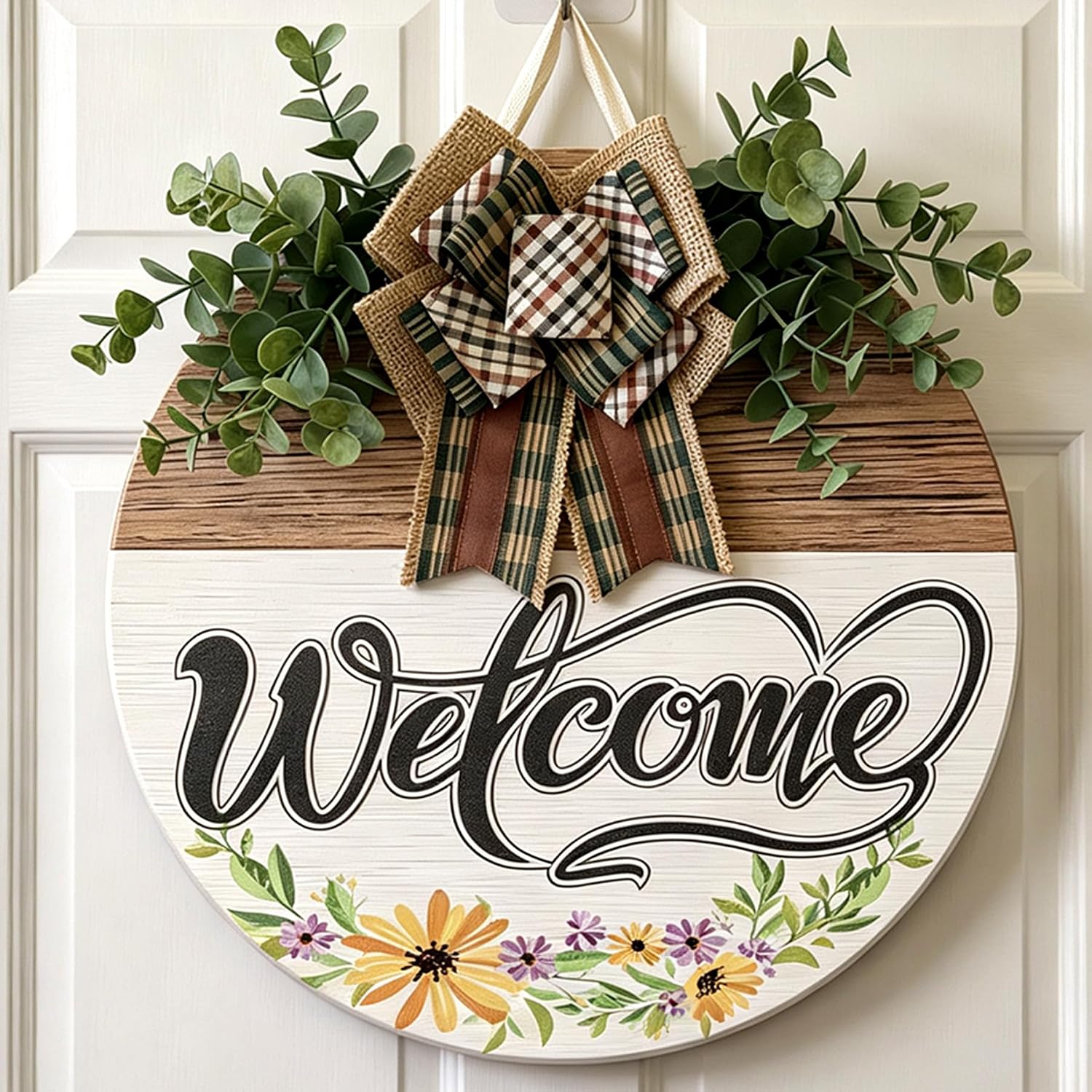 Welcome Door Sign 12 Inch Round Wooden Hanging Sign With Artificial Leaves, Farmhouse…