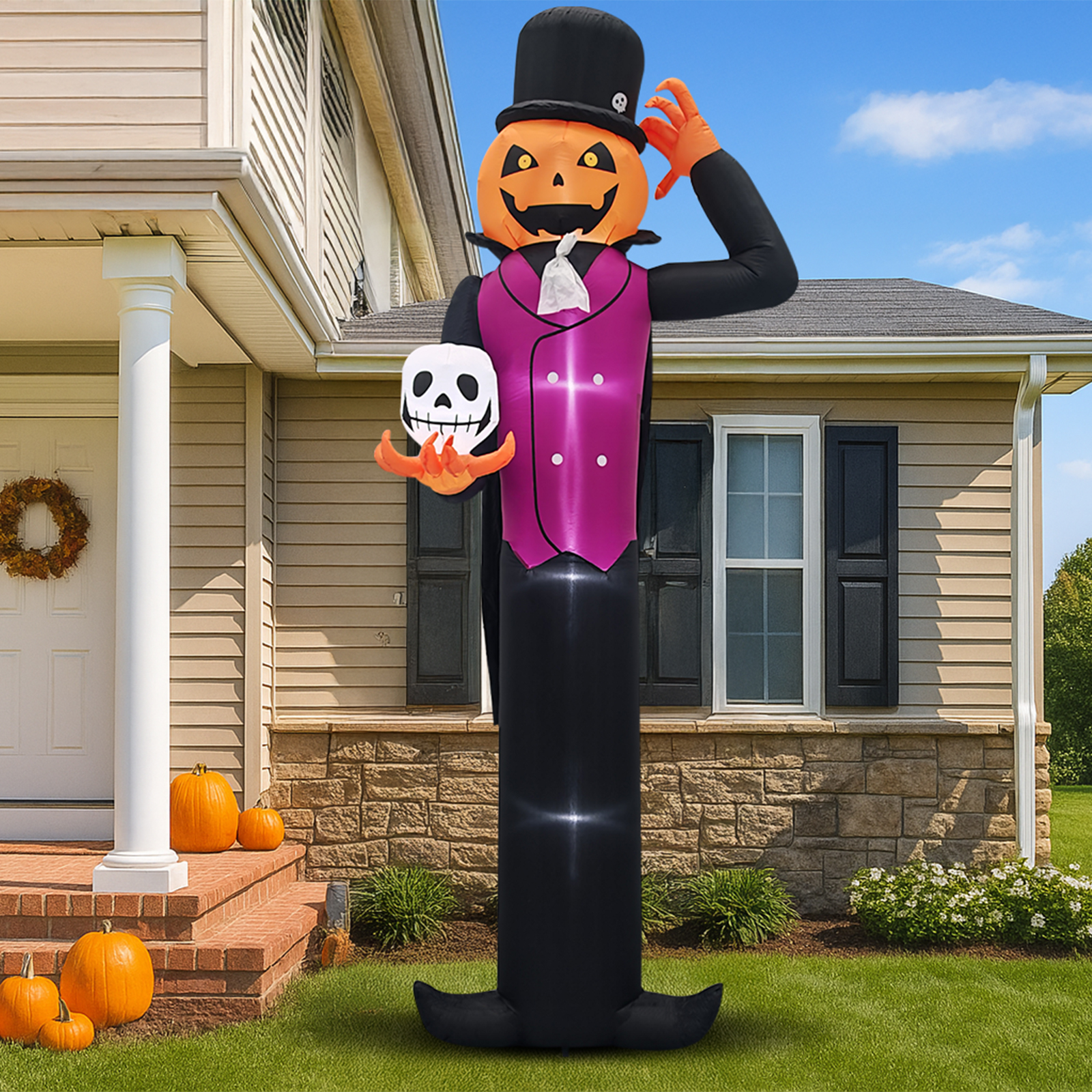12ft Cape Pumpkin Man 5 White LED Lights Halloween Inflatable Decoration 12V