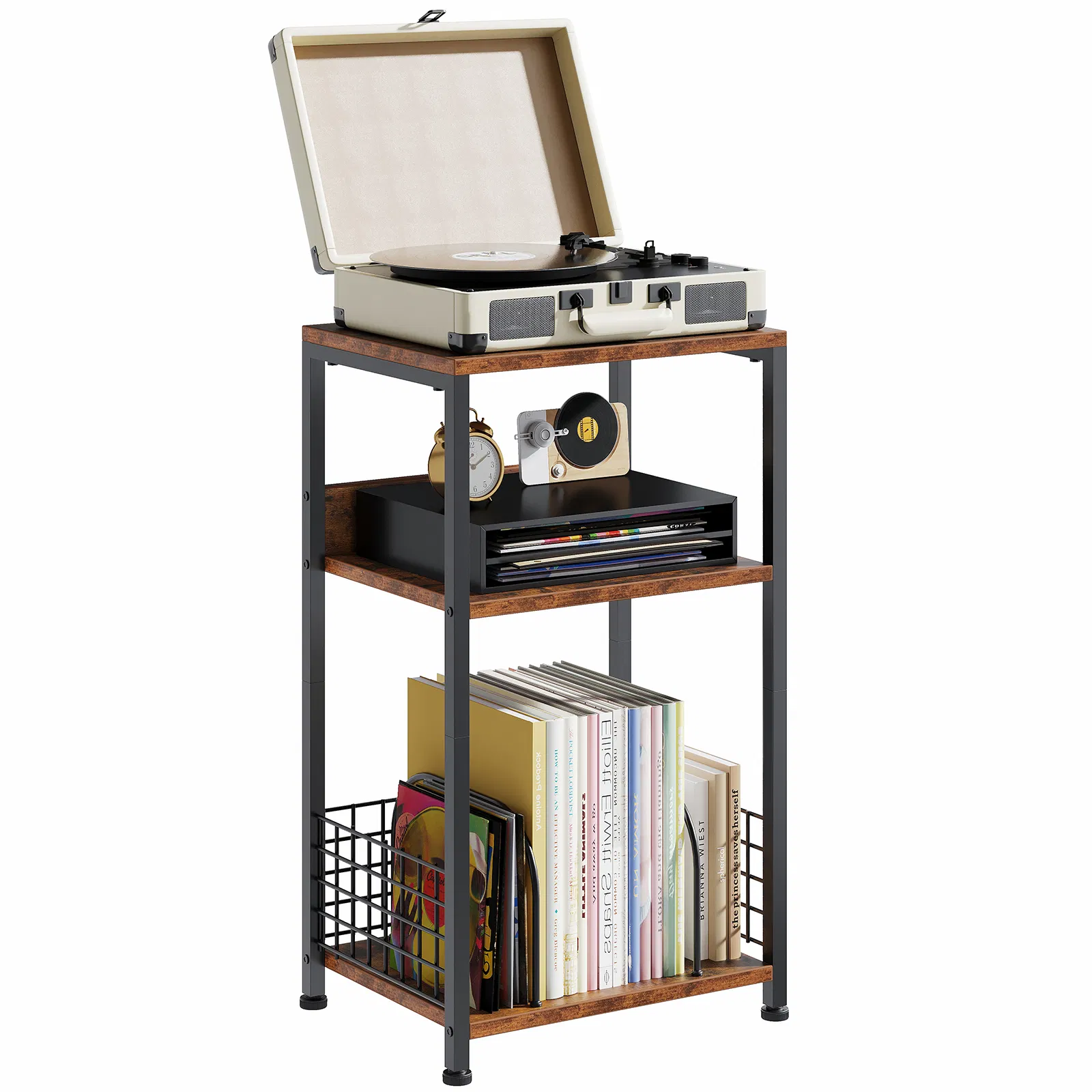3-Tier Turntable Stand with Vinyl Storage for 100 Albums, Combined CD & DVD Racks, End…