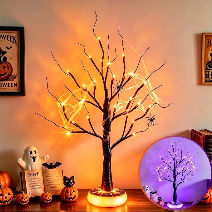 2FT Lighted Spooky Black Halloween Tree With Timer For Indoor Tabletop Party Decorations