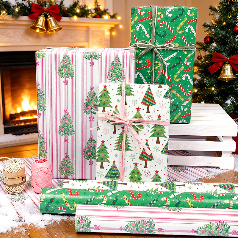 Christmas Tree And Santa Claus Cane Gift Wrapping Paper