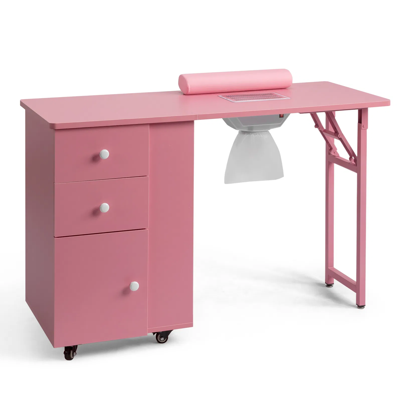 Nail Desk Folding Table, Pink MDF Manicure Station w/ 2 Drawers & 1 Door Cabinet for Nail…