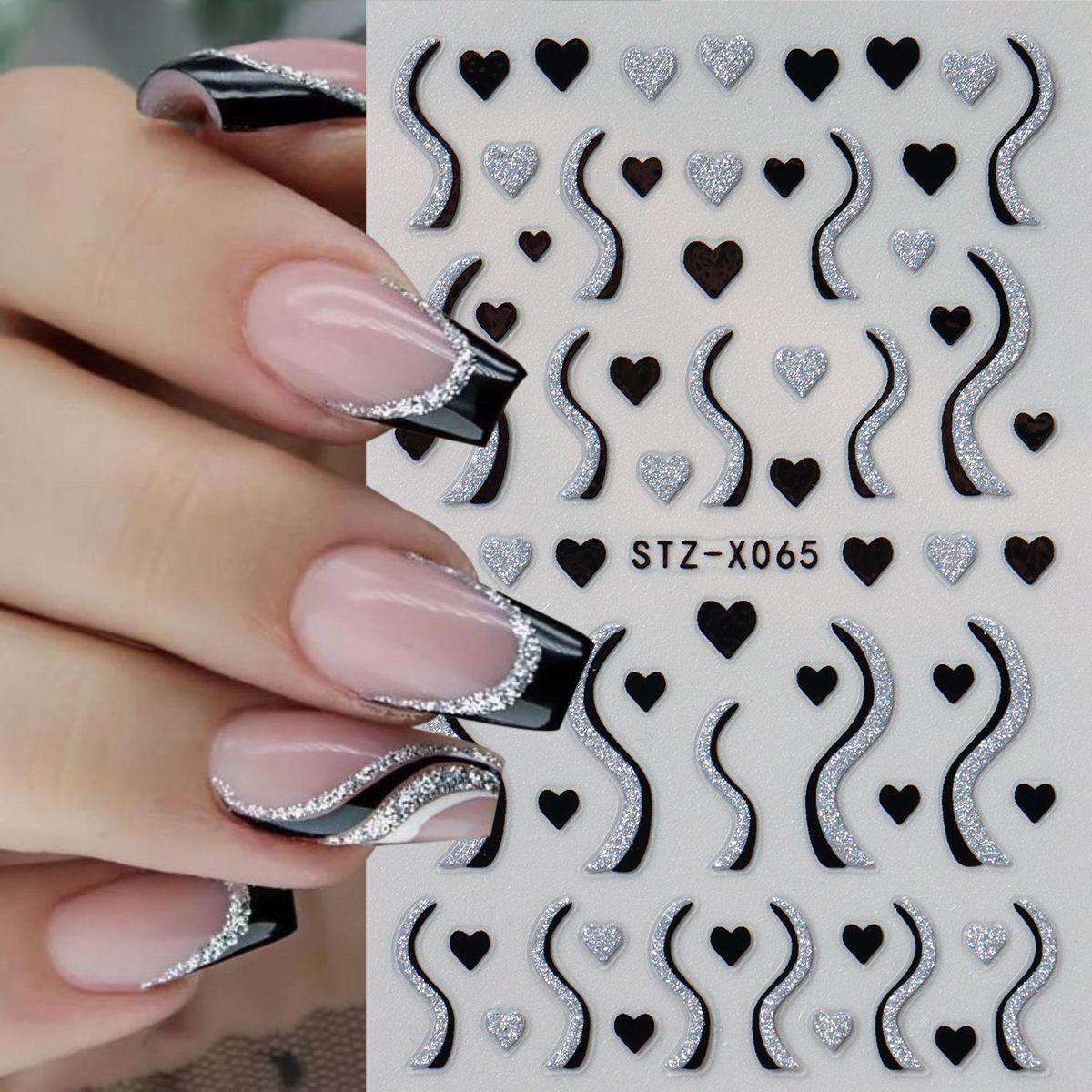 Nail Art Stickers Valentines Day Black-and-white Heart French-style With Irregular Line…