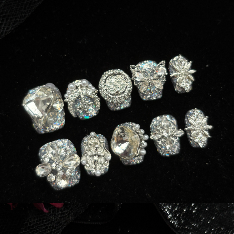 Handmade Press-on Nails In Pink, Sparkling Roses With Full Rhinestone…