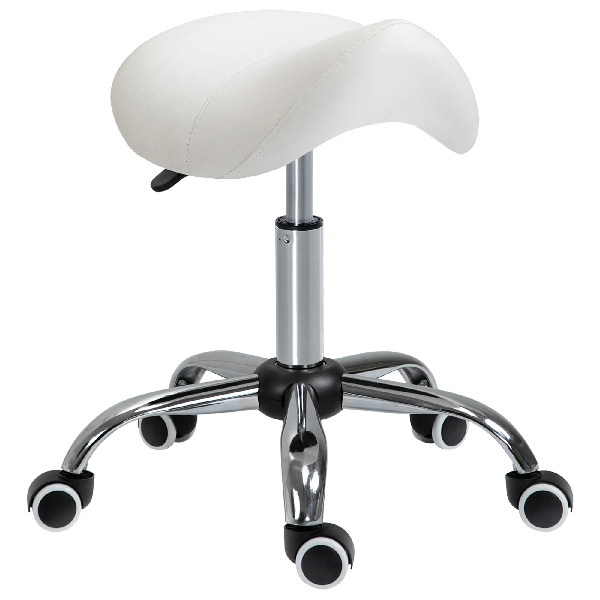 Cream White Rolling Salon Stool: Adjustable Hydraulic Swivel Saddle Chair, PU Leather Spa…