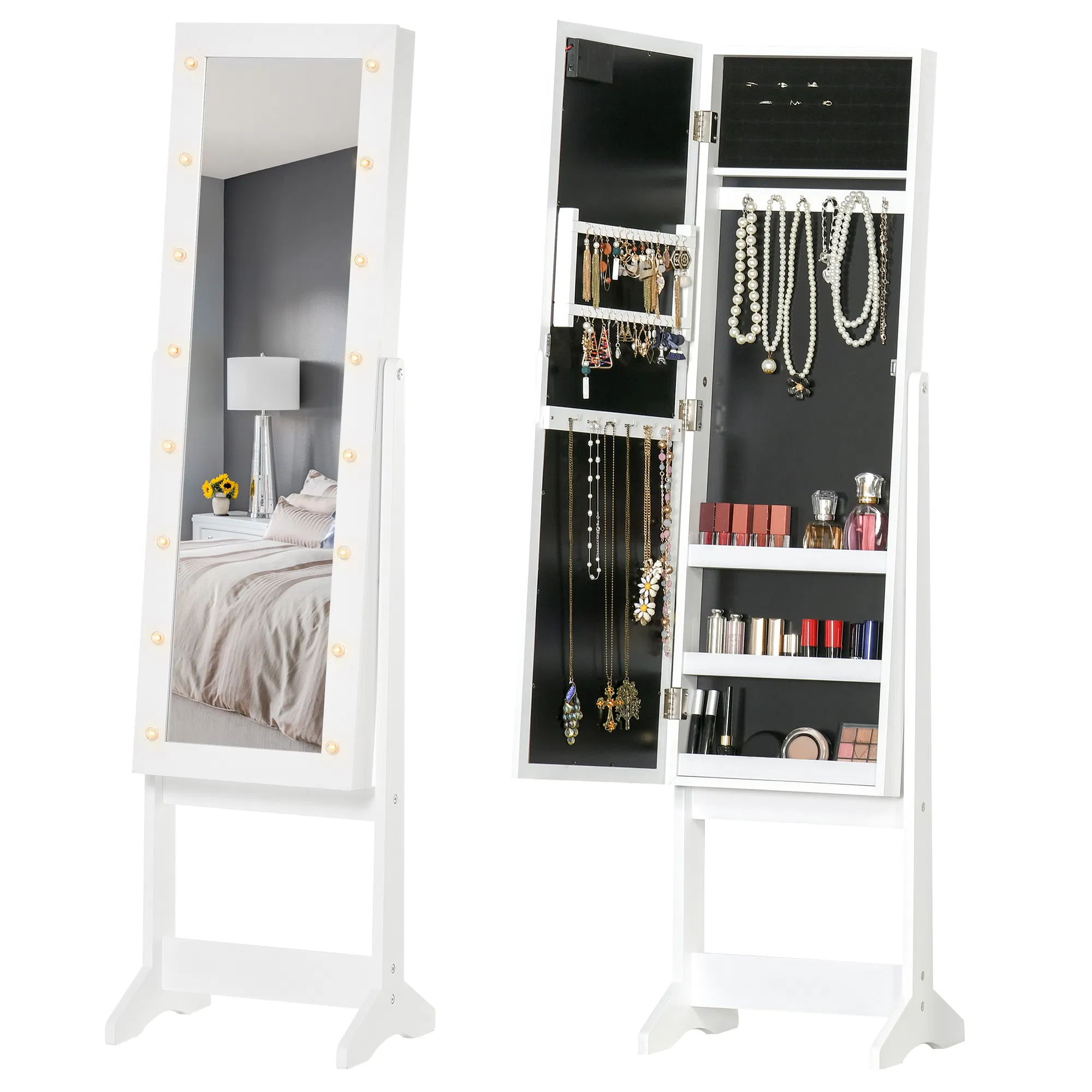 Lighted Jewelry Cabinet Mirrored Armoire Organizer Free Standing Storage for Necklaces…