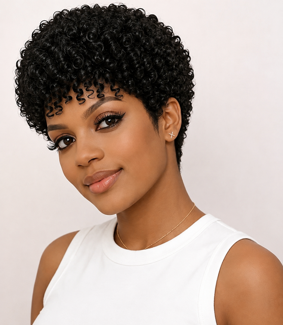 Pixie-style Human Hair Wig, Natural Color, Jerry Curly Texture, 4-inch Length