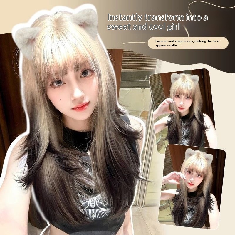 Milk-brown Ombre High-layered Explosion-top Dyed Synthetic Full-head Wig